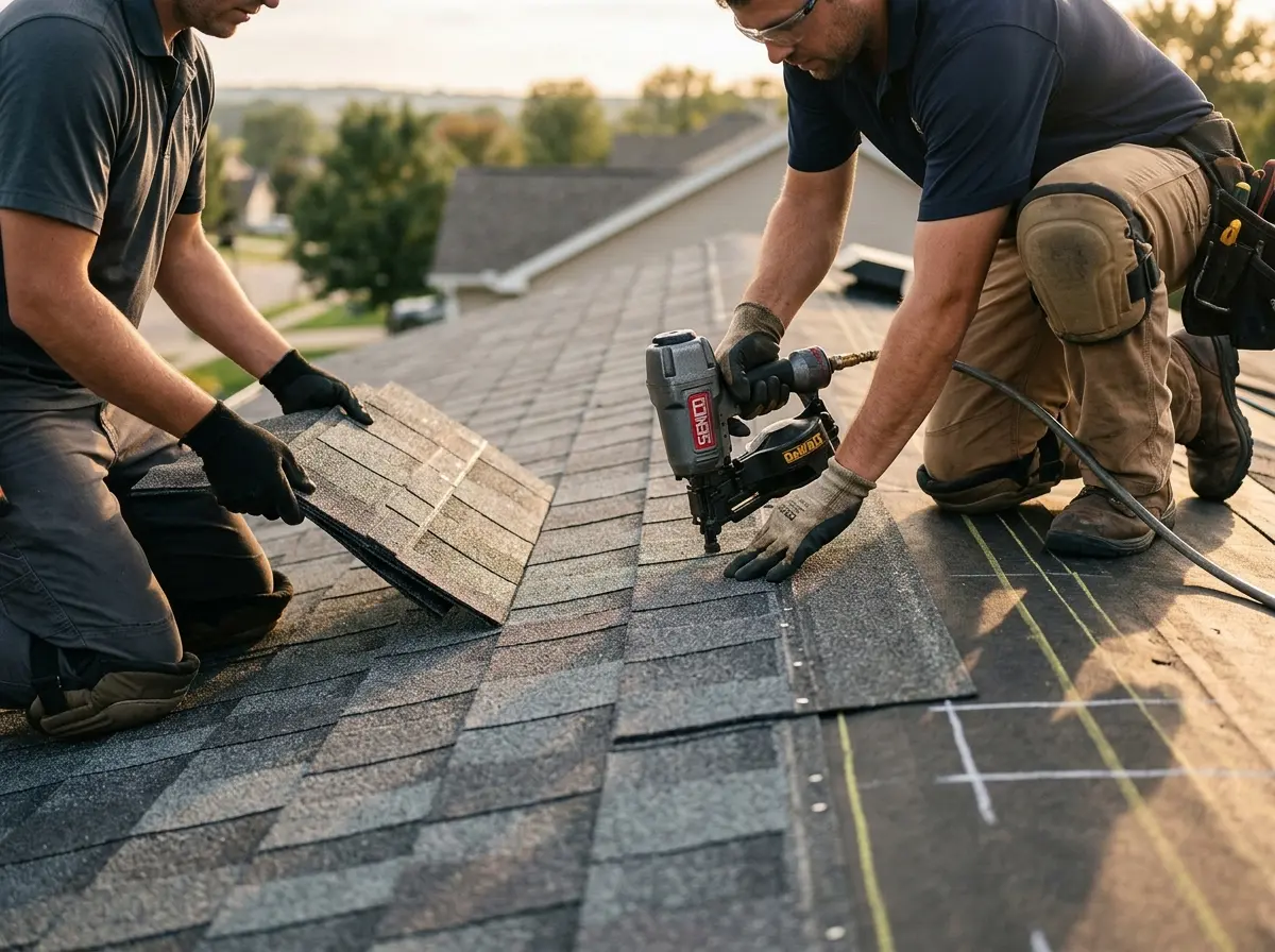 Professional roofer working on a residential roof in La Grande